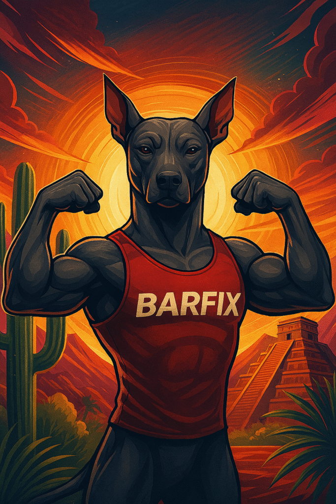 Perro musculoso antropomorfo con camiseta de BARFix frente a un paisaje mexicano — símbolo de la excelencia en nutrición BARF para perros y gatos