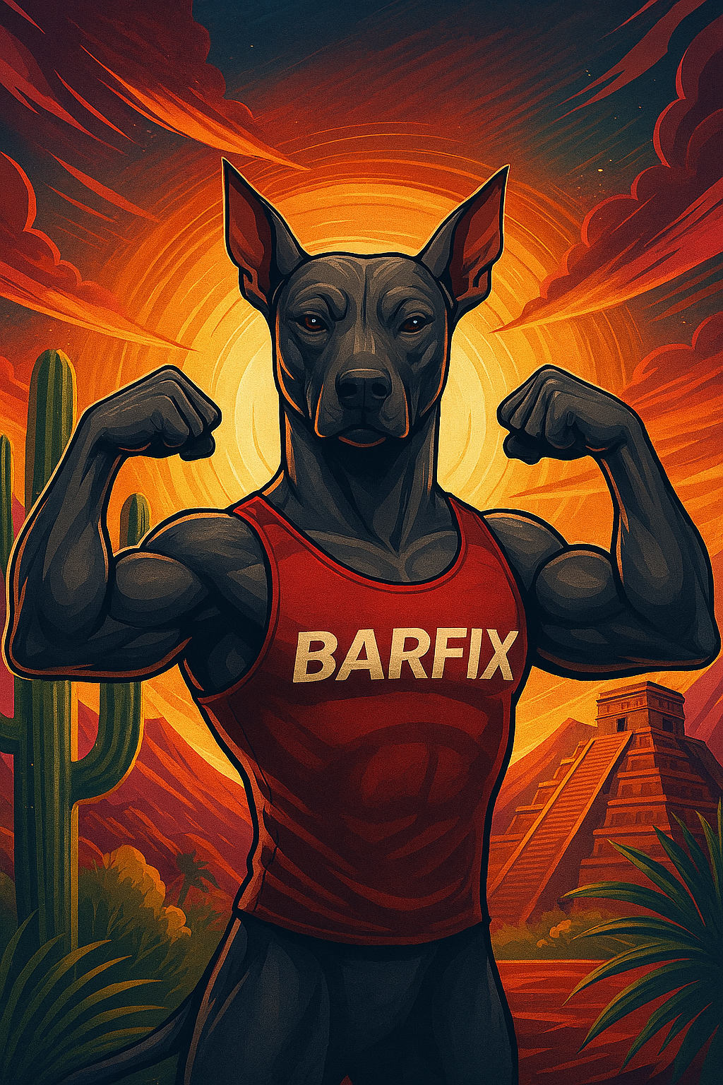 Perro musculoso antropomorfo con camiseta de BARFix frente a un paisaje mexicano — símbolo de la excelencia en nutrición BARF para perros y gatos